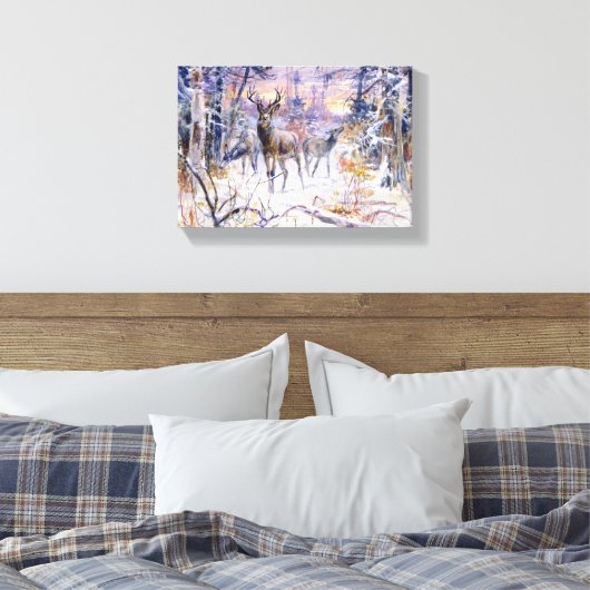 Hirsche in einem Schneewald (Wintersaison) Leinwanddruck (Insitu (Schlafzimmer))