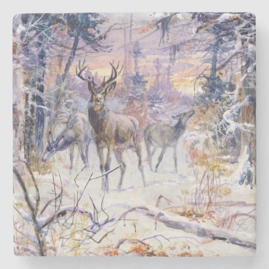 Hirsche in einem Schneewald (Wintersaison) Steinuntersetzer (Vorderseite)