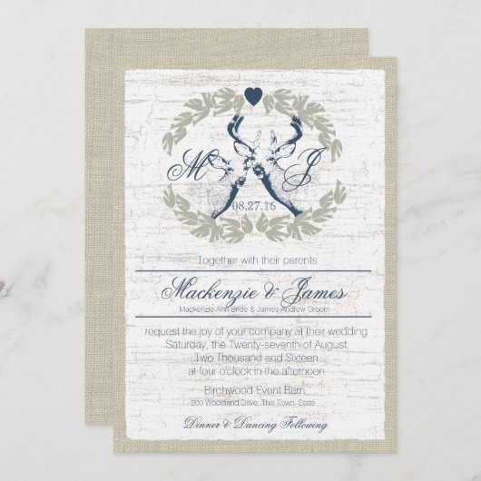 Hirsche in Kranz mit Monogram Navy Blue Einladung (Vorne/Hinten)