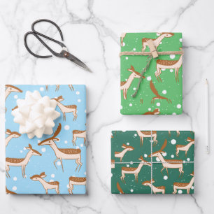 Hirsche in Schneedeckpapier Flachblatt Set 3 Geschenkpapier Set