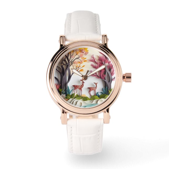 Hirsche in Wald Einzigartige Kunst Armbanduhr (Vorderseite)