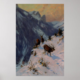 Hirsche in Winterbergen Dunkle Akademie, Vintage Poster