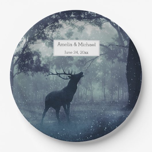 Hirsche mit Antlern im Schattenwald - Hochzeit Pappteller (Vorderseite)