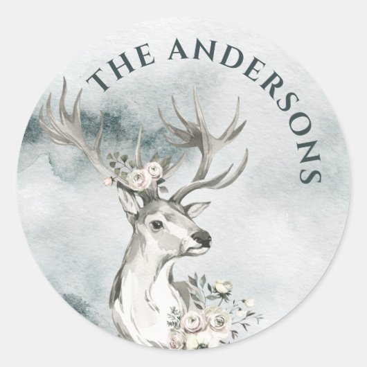 Hirsche mit Blume Aquarellfarben Kleine Rundetiket Runder Aufkleber (Vorderseite)
