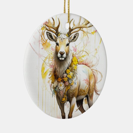 Hirsche mit blumenhalslosen Fantasy-Stil in Rosa Keramik Ornament (Rechts)