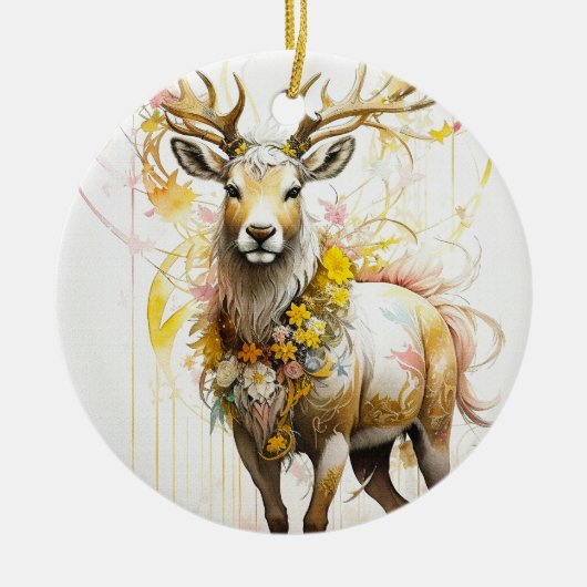 Hirsche mit blumenhalslosen Fantasy-Stil in Rosa Keramik Ornament (Vorne)