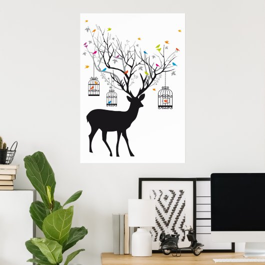 Hirsche mit bunten Vögeln und Vogelkäfigen Poster (Heimbüro)