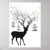 Hirsche mit bunten Vögeln und Vogelkäfigen Poster (Vorne)