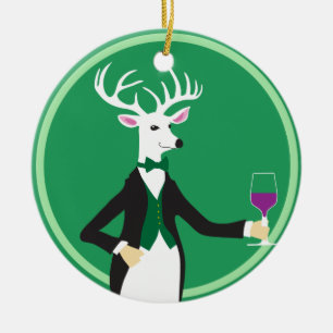Hirsche mit Champagner Toast Keramik Ornament