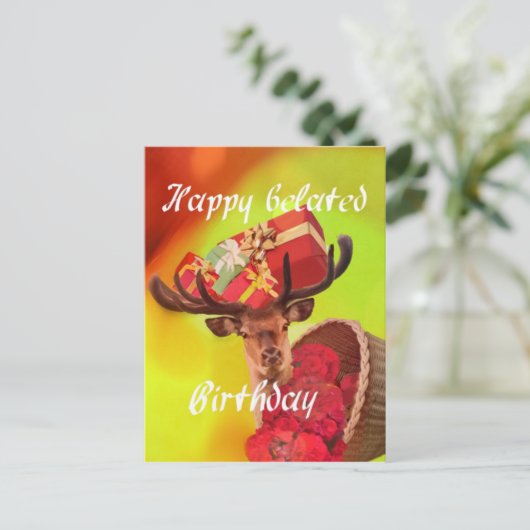 Hirsche mit Geschenken zu spät abgehandeltem Gebur Postkarte (Stehend Vorderseite)
