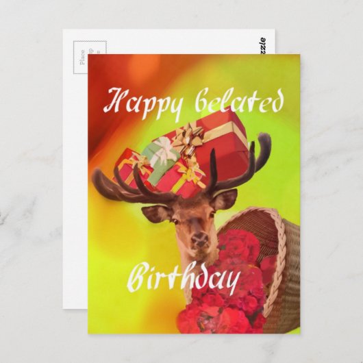 Hirsche mit Geschenken zu spät abgehandeltem Gebur Postkarte (Vorne/Hinten)