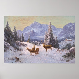 Hirsche mit Herde im Winter Poster