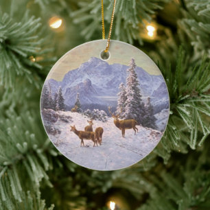 Hirsche mit Herde im Winter, Weihnachtsbaum Keramik Ornament