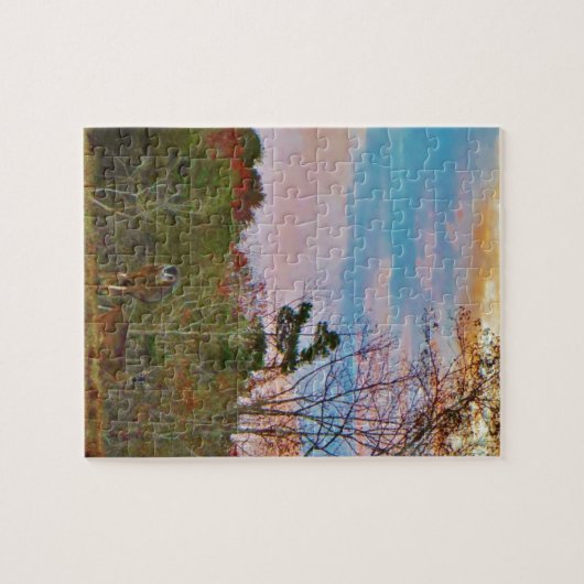 Hirsche mit rosa blauem Himmel Puzzle (Horizontal)