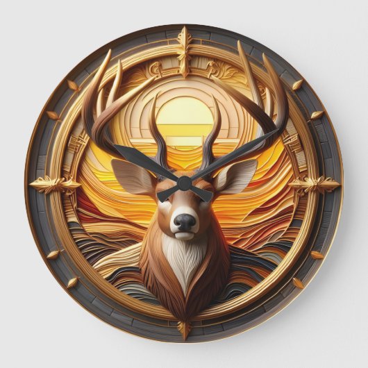 Hirsche mit Sonne Große Wanduhr (Vorderseite)