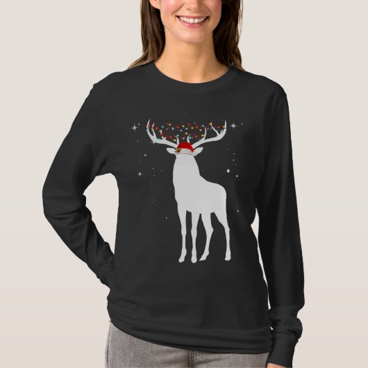 Hirsche mit Weihnachtsmannmütze Lichter Weihnachte T-Shirt (Vorderseite)
