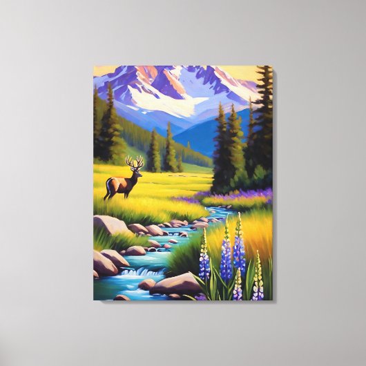 Hirsche Rocky Mountain Spring Wiese Sunshine Lupin Leinwanddruck (Vorderseite)