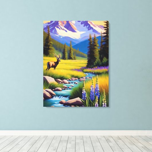 Hirsche Rocky Mountain Spring Wiese Sunshine Lupin Leinwanddruck (Insitu (Holzboden))
