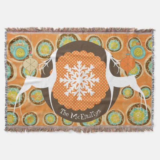 Hirsche, Schneeflocken und Ornamente Holiday Throw Decke (Vorderseite)