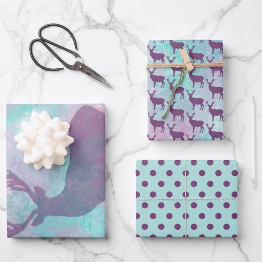 Hirsche Silhouette Dots Muster niedlich Pastellfar Geschenkpapier Set (Vorderseite)
