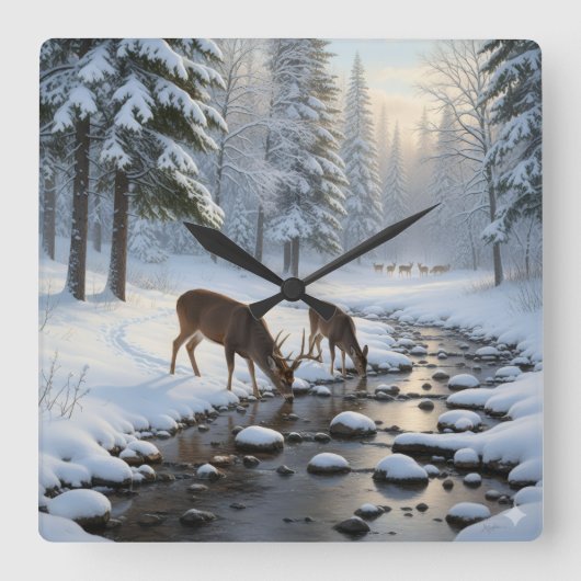 Hirsche trinken aus einem schneebedeckten Bach - Quadratische Wanduhr (Vorderseite)