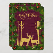Hirsche und Bäume in Gold Glitzer Weihnachtskarte Ankündigung (Vorne/Hinten)