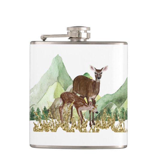 Hirsche und Berge Vinyl Wrapped Flask Flachmann (Vorderseite)