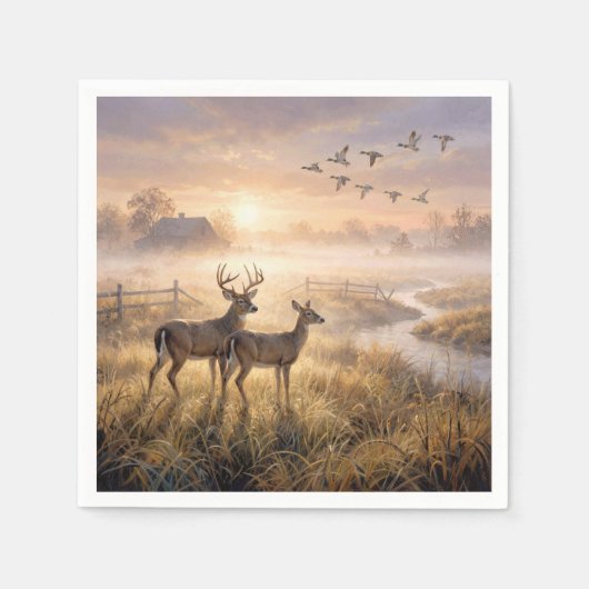 Hirsche und Enten im Morgennebel Serviette (Vorderseite)