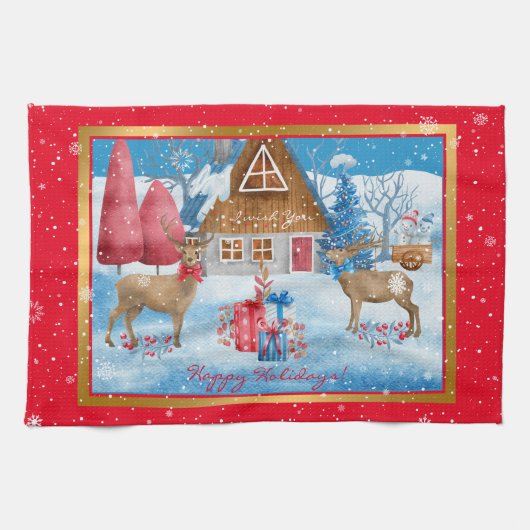 Hirsche und Geschenke auf Urlaub Abend individuali Geschirrtuch (Horizontal)