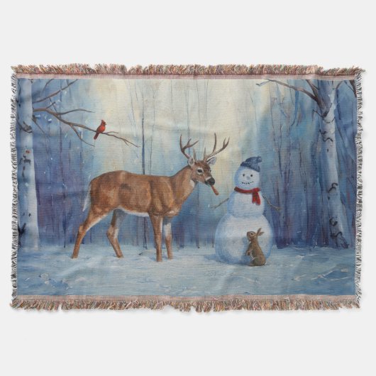 Hirsche und Happy Snowman Winterurlaubslandschaft Decke (Vorderseite)