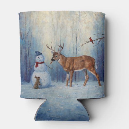 Hirsche und Happy Snowman Winterurlaubslandschaft Dosenkühler (Rückseite)