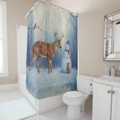 Hirsche und Happy Snowman Winterurlaubslandschaft Duschvorhang (Beispiel)