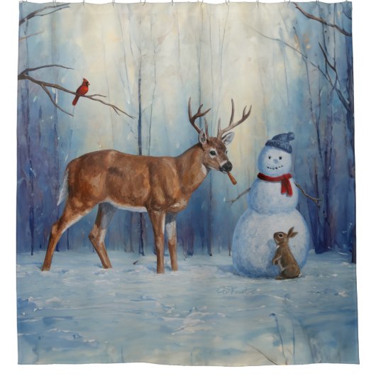 Hirsche und Happy Snowman Winterurlaubslandschaft Duschvorhang (Vorderseite)