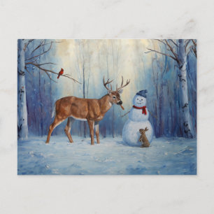 Hirsche und Happy Snowman Winterurlaubslandschaft Feiertagspostkarte