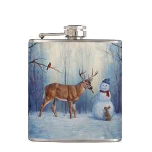Hirsche und Happy Snowman Winterurlaubslandschaft Flachmann