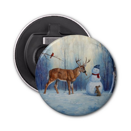 Hirsche und Happy Snowman Winterurlaubslandschaft Flaschenöffner (Vorderseite)