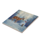 Hirsche und Happy Snowman Winterurlaubslandschaft Fliese (Seite)