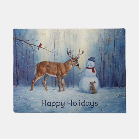 Hirsche und Happy Snowman Winterurlaubslandschaft Fußmatte (Vorderseite)