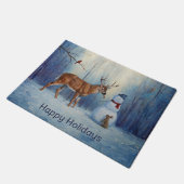 Hirsche und Happy Snowman Winterurlaubslandschaft Fußmatte (Schrägansicht)