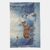 Hirsche und Happy Snowman Winterurlaubslandschaft Geschirrtuch (Vertikal)