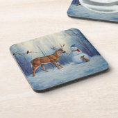 Hirsche und Happy Snowman Winterurlaubslandschaft Getränkeuntersetzer (Linke Seite)