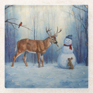 Hirsche und Happy Snowman Winterurlaubslandschaft Glasuntersetzer