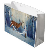 Hirsche und Happy Snowman Winterurlaubslandschaft Große Geschenktüte (Rückseite Schrägansicht)