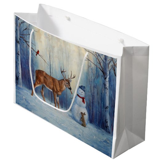 Hirsche und Happy Snowman Winterurlaubslandschaft Große Geschenktüte (Vorderseite Schrägansicht)