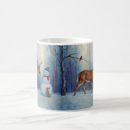 Hirsche und Happy Snowman Winterurlaubslandschaft Kaffeetasse (Mittel)