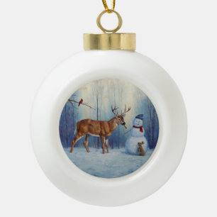 Hirsche und Happy Snowman Winterurlaubslandschaft Keramik Kugel-Ornament