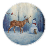 Hirsche und Happy Snowman Winterurlaubslandschaft Keramikknauf (Vorderseite)