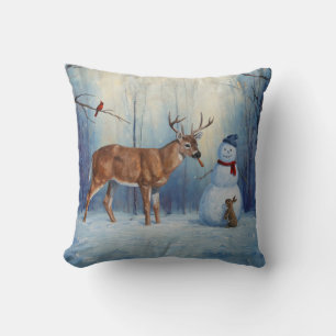 Hirsche und Happy Snowman Winterurlaubslandschaft Kissen