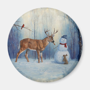 Hirsche und Happy Snowman Winterurlaubslandschaft Magnet