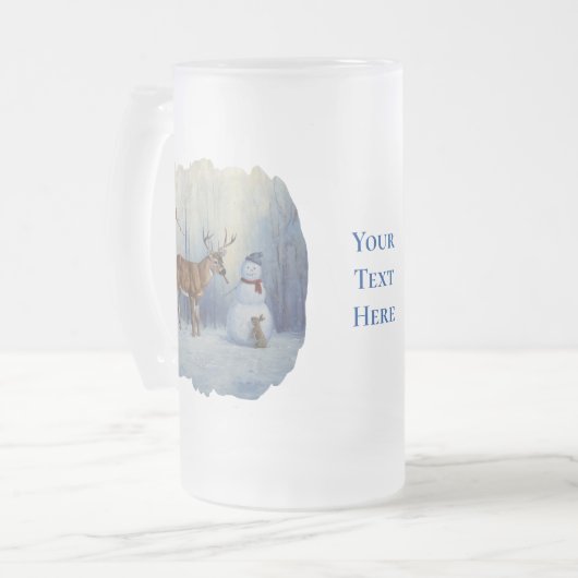 Hirsche und Happy Snowman Winterurlaubslandschaft Mattglas Bierglas (Vorderseite Links)